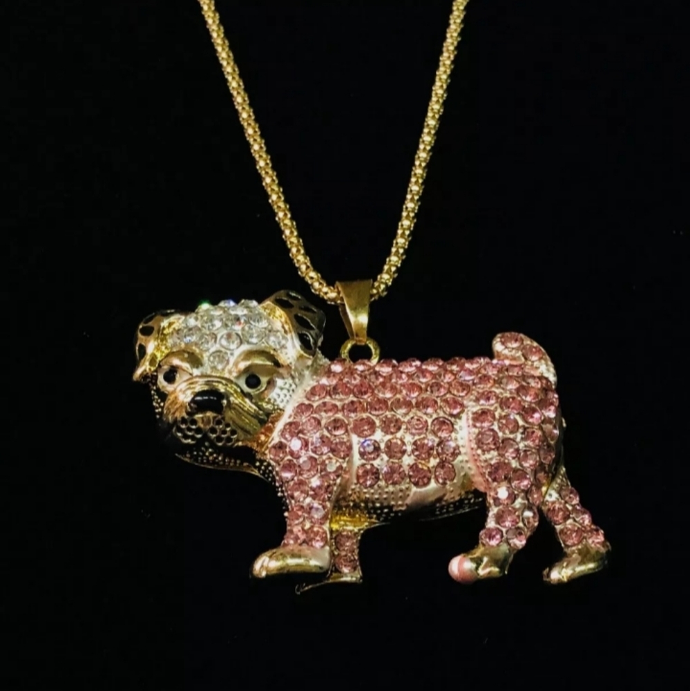 Betsey Johnson Crystal Pink Bulldog Necklace